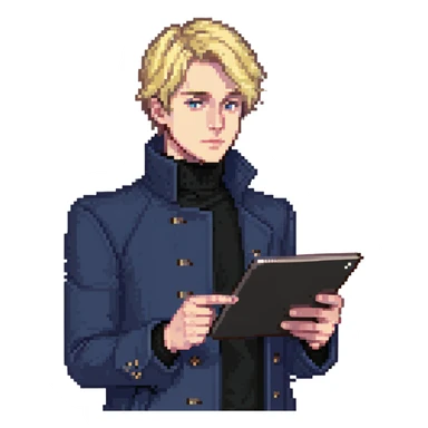 Flat pixel art, bold and charismatic male leader, Caucasian, short neat blonde hair, sharp eyes, indigo coat over black turtleneck, one arm raised pointing out, holding tablet, waist-up, front-facing sticker
