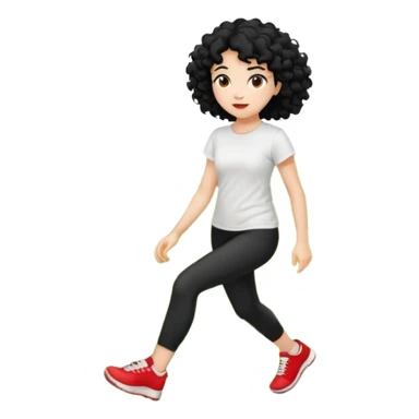generate a pretty bratz fair skinned girl with curly black hair wearing a white tshirt trekking on a hill with red sneakers on and black leggings sticker