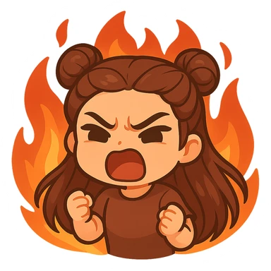 Create a chibi sticker of a girl with double bun hairstyle, same face and clothes as the previous stickers, angry and screaming with a furious expression, surrounded by flames, no outline, no background. sticker