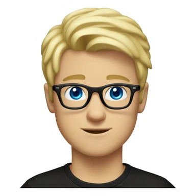 a 20 year old guy with blond hair, blue eyes, wearing a black T-shirt and square-framed glasses. sticker