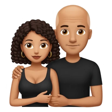 A picture of a tanned couple with the man's arm around her. the man is a Mexican man with tanned skin, a bald hair cut, short beard and wearing a black shirt. the woman is mixed, with mid length curly dark brown hair and with big boobs  sticker