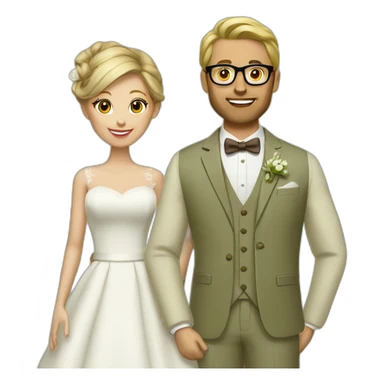 Wedding couple. She has a brown chignon and he has a light olive green suit with a brown vest. He wears glasses and is blond. sticker