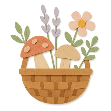 basket full of forest goodies including mushrooms, herbs, flowers in soft pastel colors, paper-craft style sticker