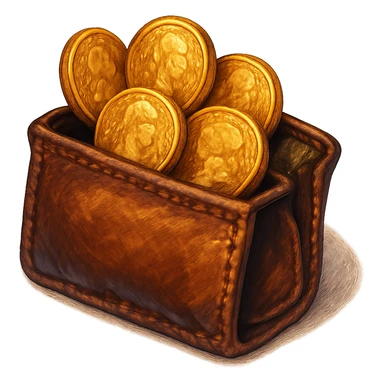 В cлегка рисованной, но при этом объемной и яркой стилистике сгенерируй картинку кожаного кошелька, из которого торчат натуральные фотореалистичные старые золотые монеты. Они должны выглядеть не как пластмассовые, а как настоящее золото. Прозрачный фон sticker