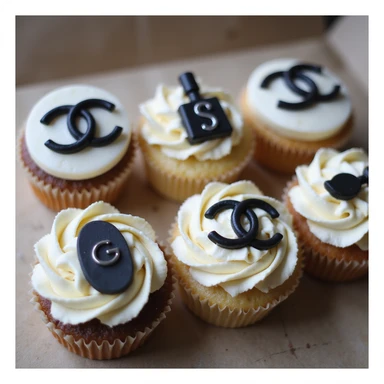 photorealistic Chanel-themed cupcake set, each with a different edible logo or accessory, no background sticker