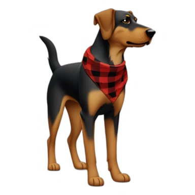 75% Coonhound 25% German Shepherd mix dog wearing small pointed red buffalo plaid bandana side view full body facing left sticker