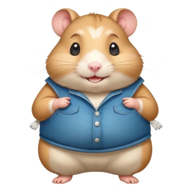 Cute chubby cartoon-style hamster wearing XXL pants that are WAY too big, proud and smiling expression. Painterly shading, white background, sticker-style illustration sticker