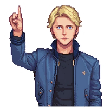 Flat pixel art, confident male leader, Caucasian, short neat blonde hair, sharp eyes, indigo jacket, one arm raised gicing direction, waist-up, front-facing sticker