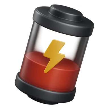 Realistic 3D cylindrical battery with half red level, inspired by the reference image, side view, yellow lightning symbol, transparent details, isolated on white background. sticker