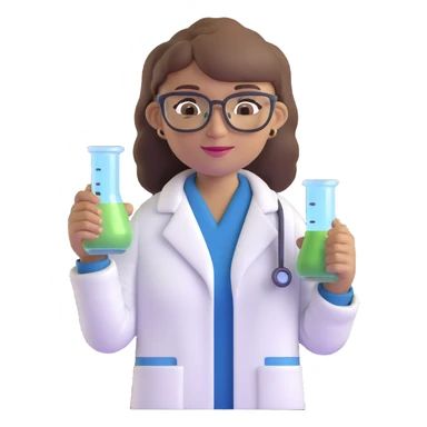 middle-aged science teacher, light brown hair in ponytail with bangs, brown eyes, wearing a lab coat and glasses, holding a beaker sticker
