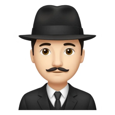 A light-skinned man with short dark hair, a thin mustache, and a black fedora, with an oval face and calm look. sticker