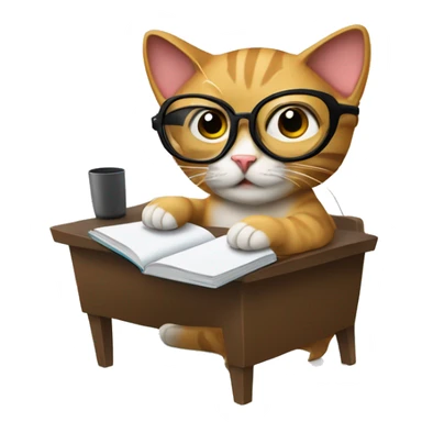 Create an emoji of a cat with computer glasses, taking notes in front of a computer while sitting on a chair sticker