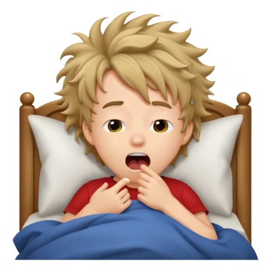 emoji- of a cute boy waking up in bed. He is yawning or rubbing his eyes.  sticker