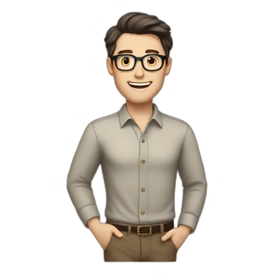 Joyful Full height Pale skinned Fit Man With dark brown hair in gray jacket, beige office shirt, Brown pants and vintage glasses. His thrumbs up sticker