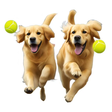 two twin golden retrievers playing with a tennis ball sticker