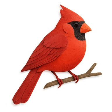 cardinal on a branch, layered paper details, realistic feather patterns, bright red and black markings sticker