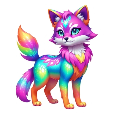 Vibrant multicolored neon-colored Falvie-Fionbri-creature-sparkle-feline-canine-hybrid-fursona, full body sticker