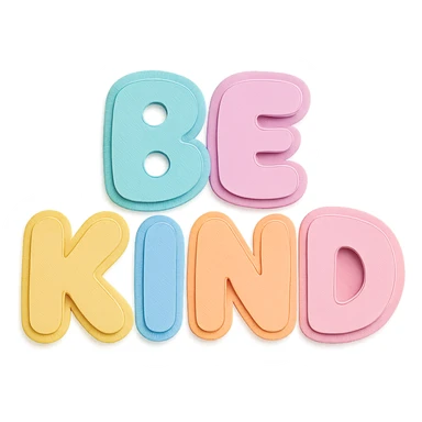 Kawaii cute "Be Kind" in soft pastel rainbow puffy bubble letters, transparent background, no frame sticker