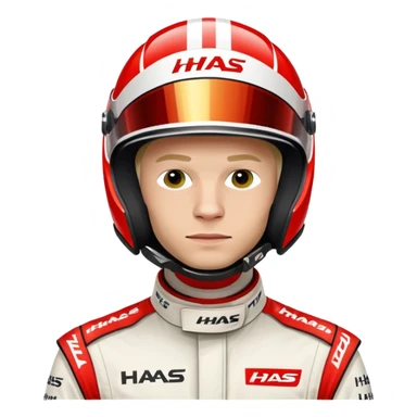 Kevin Magnussen, Formula 1 driver for Haas team, wearing white and red Haas racing suit and helmet sticker