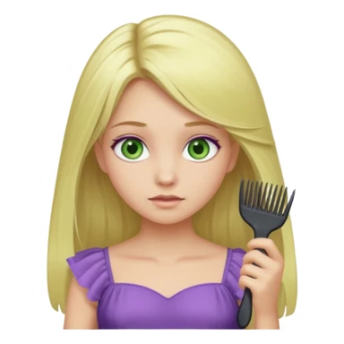 blonde girl with swamp green eyes, soft purple dress, combing her hair, iOS emoji style sticker