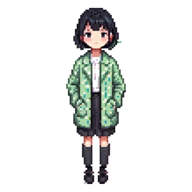 girl with black bob-cut hair, dotted coat, Chinese appearance sticker