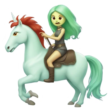 [politically incorrect
	{ woman: alien, color: light green, hair:red, eyes:cat} ]
	on a 
	[{ unicorn: white, legged:four, mane: light blue }] sticker
