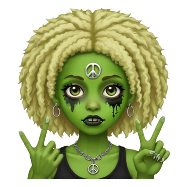 girl, green zombie,blonde afro, medium long, shaggy, dark, spooky,double eyebrow dermal piercing,peace sign sticker