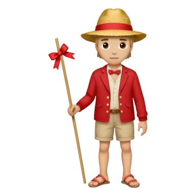 Make a guy with a straw hat and the hat has a red rebin and a red jacket and sandals and a x on he's chest sticker