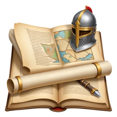 Icon for Historical Fiction Reading: an open book with pages showing ancient scrolls, a quill, a knight's helmet, and a parchment map. The icon should evoke the adventure and grandeur of historical settings and storytelling. Transparent background. sticker