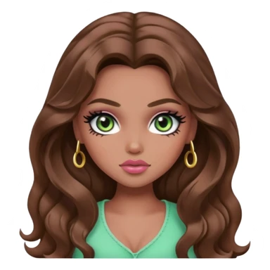  long wavy brown hair, mid skin, light green eyes, pretty bratz baddie, black eyeliner, blush sticker