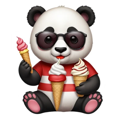 Panda with sunglasses that eat an ice cream with a stripe red and white t-shirt sticker