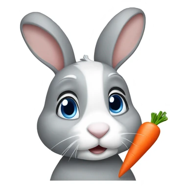 grey bunny with blue eyes and a white nose who is eating a Carrot sticker