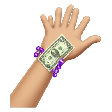 hand with purple bead bracelet holding money sticker