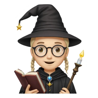 ["A happy boy with light skin, ponytail, wearing a wizard hat and square glasses, dressed in goth fashion, is reading a book while holding a phone."] sticker