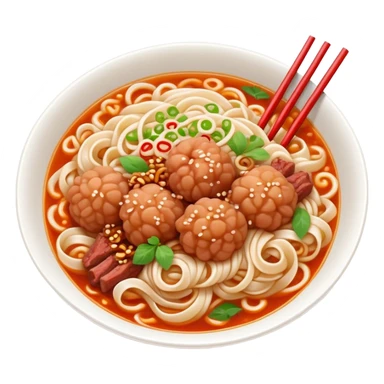 Fuzhou Lychee Pork Noodles with meat sauce and noodles, simplified emoji style with bold outlines and bright colors, cartoon style Fujian specialty Ban Mian sticker