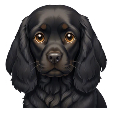 Cinematic Noble Black Cocker Spaniel Portrait Emoji, Poised and regal, with a sturdy build and a sleek, shiny black coat accented by subtle tan markings, deep-set soulful dark eyes, Simplified yet sharp and sophisticated features, highly detailed, glowing with a soft, dignified glow, high shine, intelligent and alert, stylized with an air of refinement, focused and attentive, soft glowing outline, capturing the essence of a watchful and confident companion, so majestic it feels as though it could trot out of the screen with effortless authority! sticker