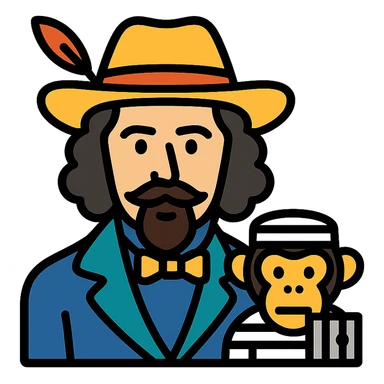 emoticono del poeta español José de Espronceda acompañado de un mono carcelario con líneas blancas y negras, estilo icono lineal color con contornos negros sticker