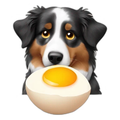 Australian Shepherd eating a egg sticker