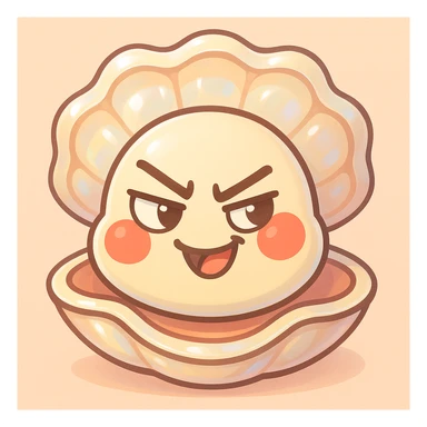 Enhance the cute oyster by making the pastel background more subtle and luminous, adding pearly reflections on the shell, accentuating the softness of the red cheeks, enriching the pastel toon details, keeping the mischievous expression, preserving the creamy, peach, and greige texture, and emphasizing the volume of the shell. sticker
