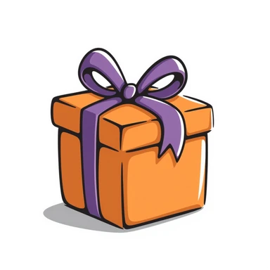 An orange gift box with a purple ribbon sticker