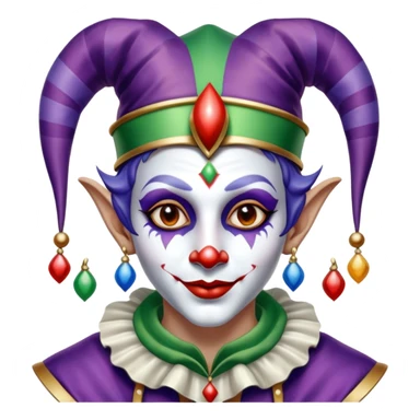 Full view, Cinematic and Ultra realistic 32k HD hauntingly beautiful jester with Balanced features, highly detailed, glowing with silver light, high shine, remembrance, a painting of white silver, fanciful, enchanting. The image is so lifelike it could leap off the canvas at any moment sticker