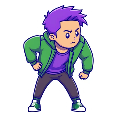 Fashionable man with purple hair and green jacket, bold expression, powerful pose inspired by Thanos sticker