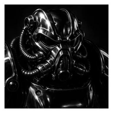 X-01 power armor, close-up helmet, shiny chrome, sci-fi, bold shadows sticker