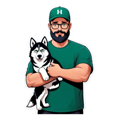 A bold man with a grey baseball cap, green eyes, big beard and glasses next to a husky dog sticker