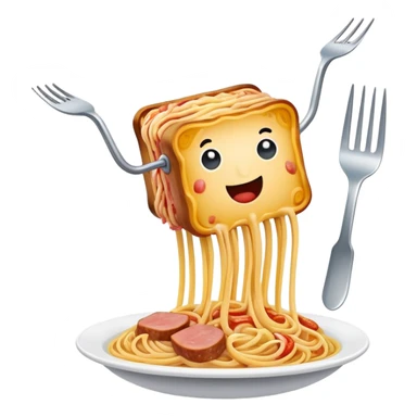  flying fork holding SPAM meat melted spaghetti slop  sticker