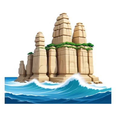 Cinematic Realistic Raouche Rocks, Beirut Landmark Emoji, depicting the majestic limestone rock formations rising from the Mediterranean Sea, with waves crashing against their bases under a vibrant sky. sticker
