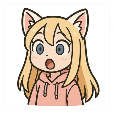 chibi anime catgirl Twitch emote, white cat ears, blonde extremely long hair, blue eyes, white skin, cute, pastel pink hoodie, surprised expression sticker