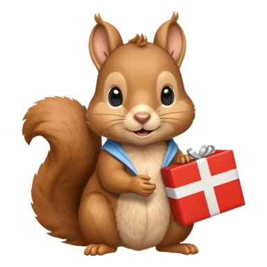 squirrel holding a wrapped present and a Swiss flag, cute and playful sticker
