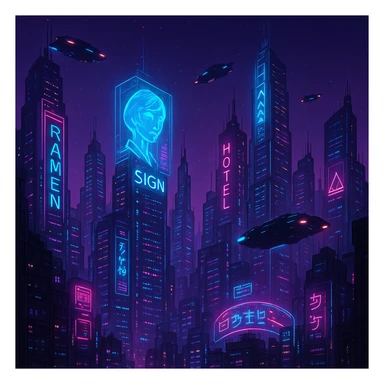 futuristic city skyline with neon lights, cyberpunk style sticker