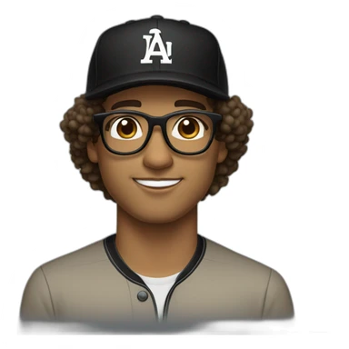 Light brown Latino man with big curly hair wearing black glasses brown eye and black baseball hat sticker